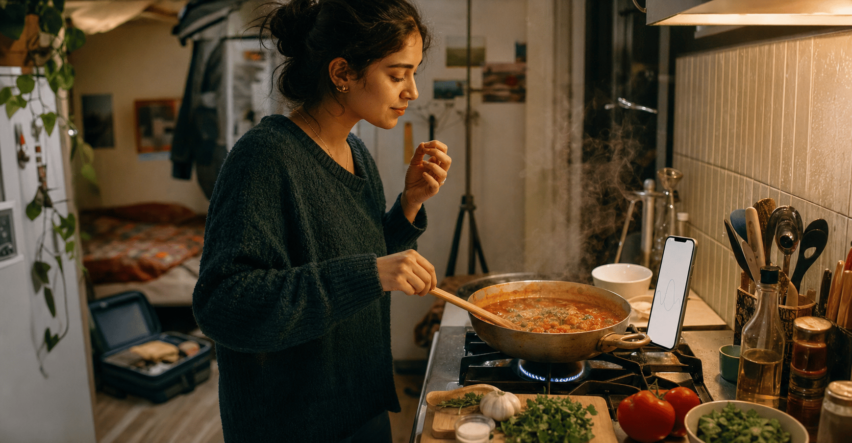 A home cook preparing a meal in a sunlit kitchen