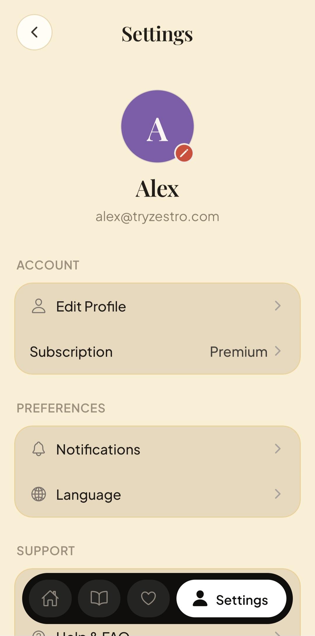 Zestro Settings screen showing the Edit Profile option