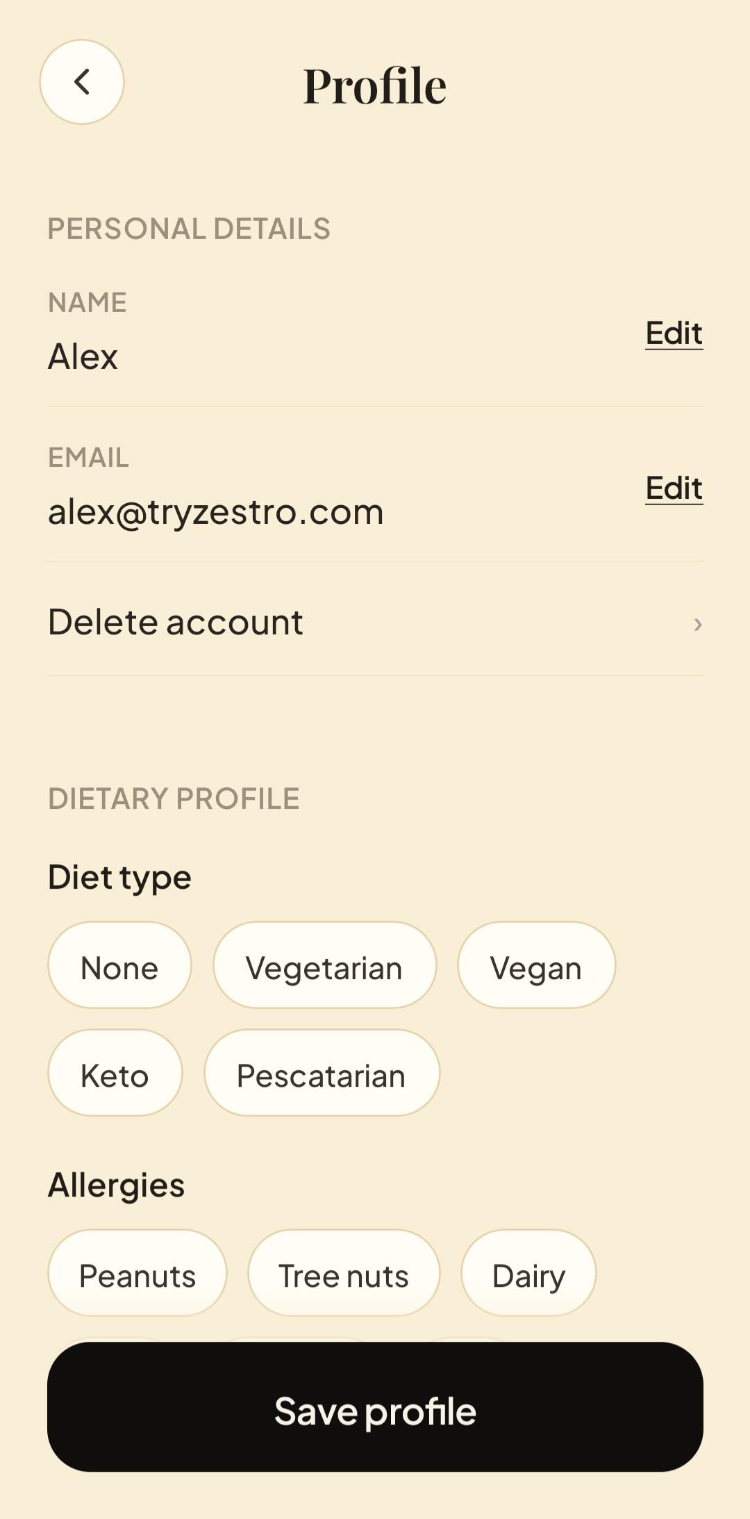 Zestro Profile screen showing the Delete account option