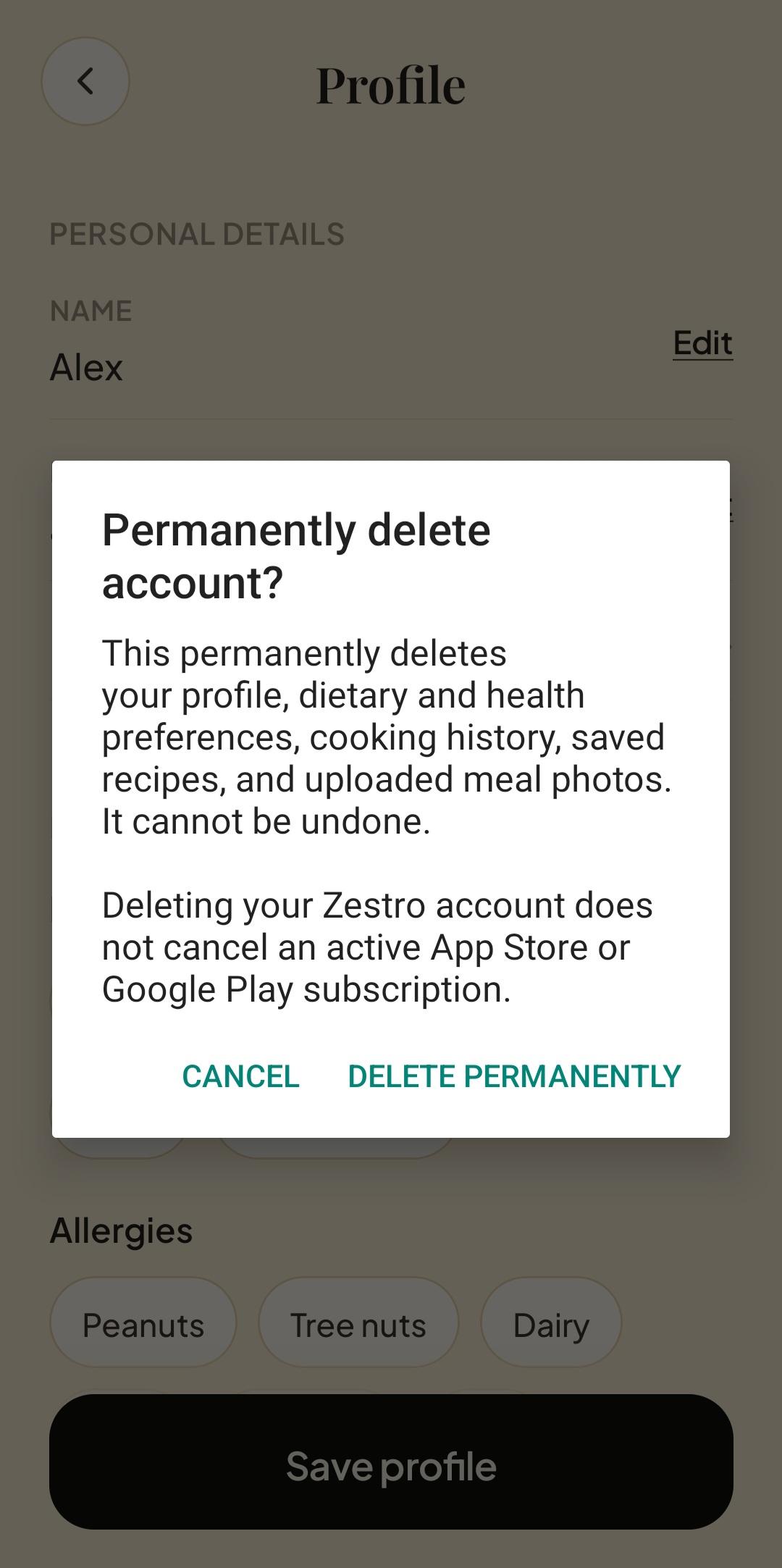 Zestro confirmation dialog for permanently deleting an account