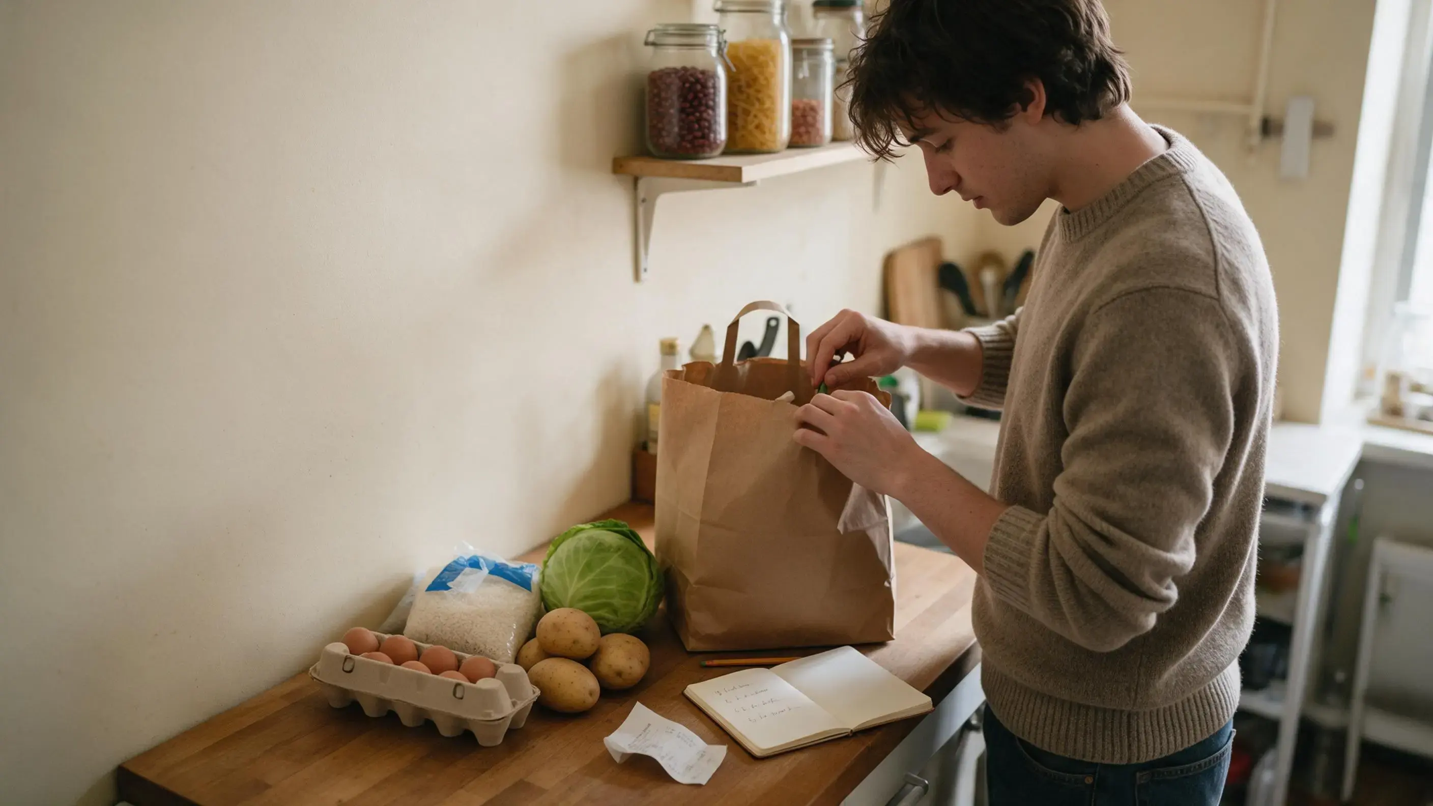 A person unpacking one paper grocery bag in a small kitchen, next to a handwritten four-day dinner plan and a grocery receipt