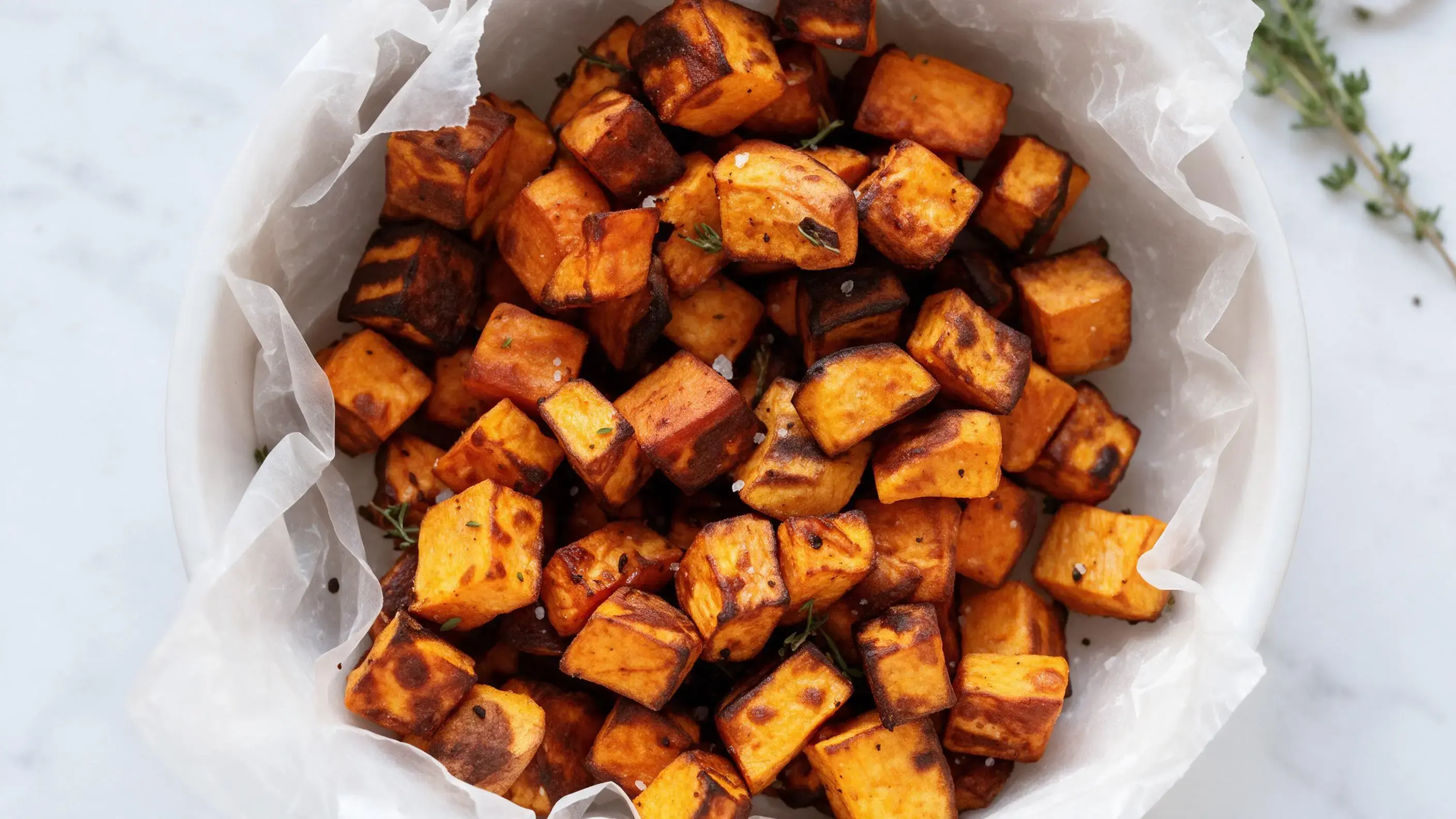 A bowl of crispy, golden-brown air fryer sweet potato cubes seasoned with smoked paprika